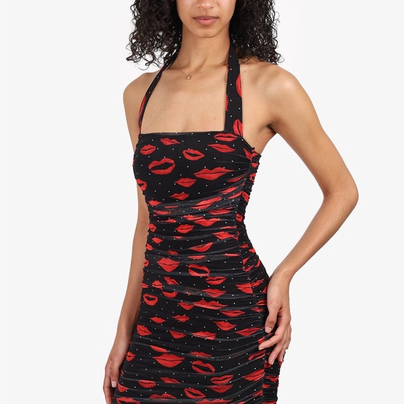 AFRM Black and Red Lip Print Halter Dress - Picture 3 of 6